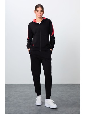 Tommy Life Siyah Kompakt Pamuklu Kalın Pürüzsüz Dokulu Kapüşonlu Oversize Fit Kadın Eşofman Takım - 95343