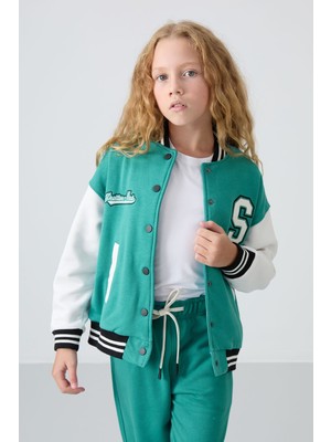 Tommy Life Deniz Yeşil Pamuklu İçi Tüylü Yumuşak Dokulu Standart Fit Nakışlı Kız Çocuk Kolej Ceket - 75163