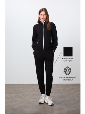 Tommy Life Siyah Kompakt Pamuklu Kalın Pürüzsüz Dokulu Dik Yaka Oversize Fit Kadın Eşofman Takım - 95340