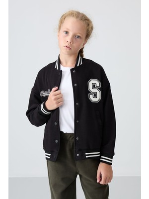 Tommy Life Siyah Pamuklu İçi Tüylü Yumuşak Dokulu Standart Fit Nakışlı Kız Çocuk Kolej Ceket - 75163