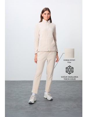 Tommy Life Bej Kalın Yumuşak Dokulu Dik Yaka Oversize Nakışlı Polar Kadın Eşofman Takım -95339