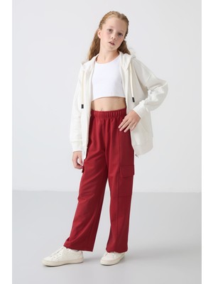 Tommy Life Koyu Kırmızı Kargo Cepli Ön Dikiş Detaylı Geniş Paça Kız Çocuk Eşofman Altı - 75143