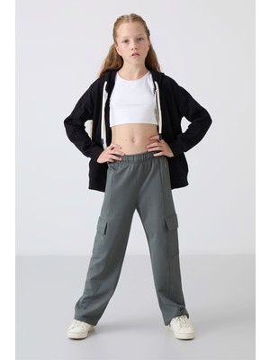 Tommy Life Haki Kargo Cepli Ön Dikiş Detaylı Geniş Paça Kız Çocuk Eşofman Altı - 75143