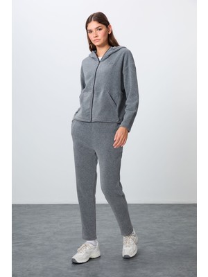 Tommy Life Gri Melanj Kalın Yumuşak Dokulu Kapüşonlu Oversize Nakışlı Polar Kadın Eşofman Takım -95338