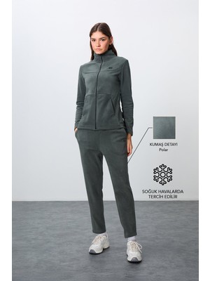 Tommy Life Haki Kalın Yumuşak Dokulu Dik Yaka Oversize Nakışlı Polar Kadın Eşofman Takım -95339