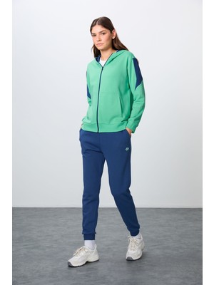 Tommy Life Su Yeşili-Parlament Pamuklu Kalın Kapüşonlu Oversize Fit Kadın Eşofman Takım - 95343