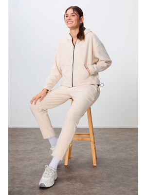 Tommy Life Bej Kalın Yumuşak Dokulu Kapüşonlu Oversize Nakışlı Polar Kadın Eşofman Takım -95338