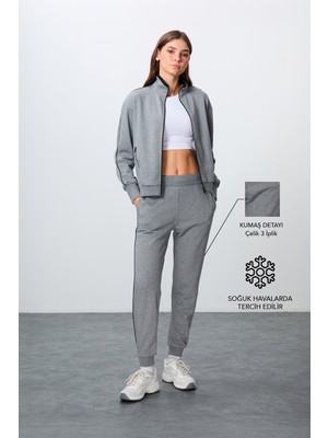 Tommy Life Gri Melanj Kompakt Pamuklu Kalın Pürüzsüz Dokulu Dik Yaka Oversize Fit Kadın Eşofman Takım - 95340