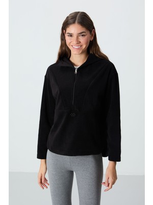 Tommy Life Siyah Kalın Yumuşak Dokulu Kapüşonlu Oversize Nakışlı Polar Kadın Sweatshirt -97286