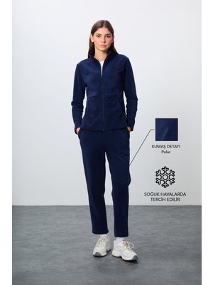 Tommy Life Lacivert Kalın Yumuşak Dokulu Dik Yaka Oversize Nakışlı Polar Kadın Eşofman Takım -95339