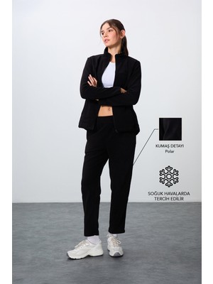 Tommy Life Siyah Kalın Yumuşak Dokulu Dik Yaka Oversize Nakışlı Polar Kadın Eşofman Takım -95339