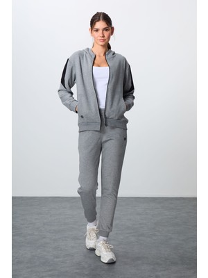 Tommy Life Gri Melanj Kompakt Pamuklu Kalın Pürüzsüz Dokulu Kapüşonlu Oversize Fit Kadın Eşofman Takım - 95343