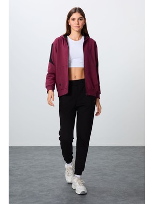 Tommy Life Erguvan-Siyah Pamuklu Kalın Kapüşonlu Oversize Fit Kadın Eşofman Takım - 95343