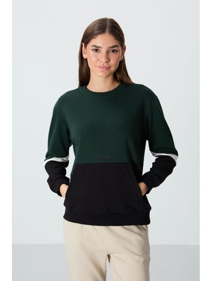 Tommy Life Çam Yeşili Kompakt Pamuklu Kalın Pürüzsüz Dokulu O Yaka Oversize Fit Kadın Sweatshirt - 97289