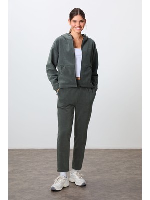 Tommy Life Haki Kalın Yumuşak Dokulu Kapüşonlu Oversize Nakışlı Polar Kadın Eşofman Takım -95338