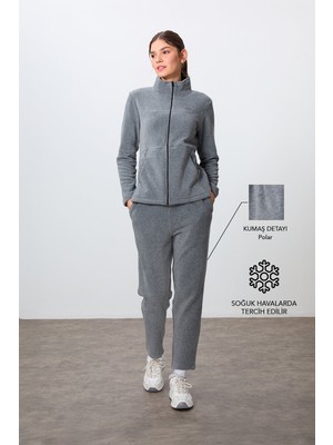 Tommy Life Gri Melanj Kalın Yumuşak Dokulu Dik Yaka Oversize Nakışlı Polar Kadın Eşofman Takım -95339