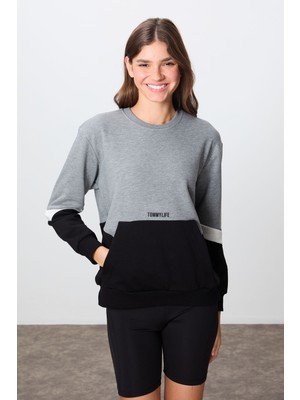 Tommy Life Gri Melanj Kompakt Pamuklu Kalın Pürüzsüz Dokulu O Yaka Oversize Fit Kadın Sweatshirt - 97289