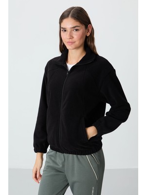Tommy Life Siyah Kalın Yumuşak Dokulu Dik Yaka Oversize Nakışlı Polar Kadın Sweatshirt - 97293