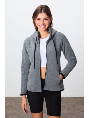 Gri Melanj Kalın Yumuşak Dokulu Kapüşonlu Standart Fit Nakışlı Polar Kadın Sweatshirt -97287