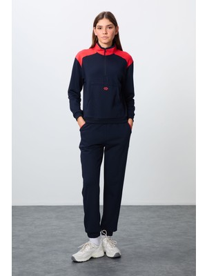 Tommy Life İndigo Kompakt Pamuklu Kalın Pürüzsüz Dokulu Dik Yaka Oversize Fit Kadın Eşofman Takım - 95342