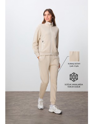 Tommy Life Bej Kompakt Pamuklu Kalın Pürüzsüz Dokulu Dik Yaka Oversize Fit Kadın Eşofman Takım - 95340