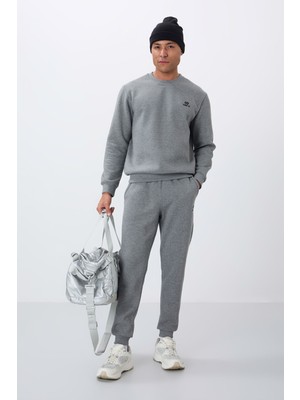 Tommy Life Gri Melanj Pamuklu Kalın İçi Tüylü Yumuşak Dokulu Comfort Fit Nakışlı Erkek Eşofman Takım -85265
