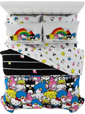 1001 Hello Kitty & Friends Nevresim Takımı 7 Parça Süper Yumuşak Yorgan ve Çarşaf Seti, Şemsiyeli