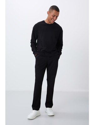 Tommy Life Siyah Kompakt Pamuklu Kalın Pürüzsüz Dokulu O Yaka Comfort Fit Erkek Eşofman Takım -85263
