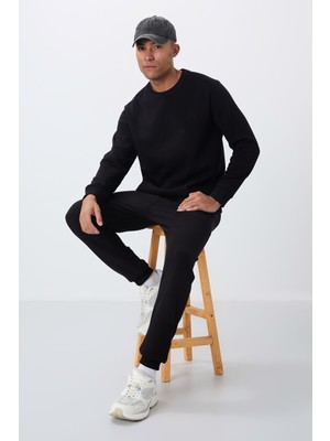 Tommy Life Siyah Pamuklu Kalın İçi Tüylü Yumuşak Dokulu Comfort Fit Nakışlı Erkek Eşofman Takım -85265
