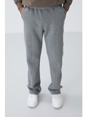 Tommy Life Gri Melanj Pamuklu Kalın İçi Tüylü Yumuşak Dokulu Oversize Nakışlı Erkek Eşofman Altı -82146