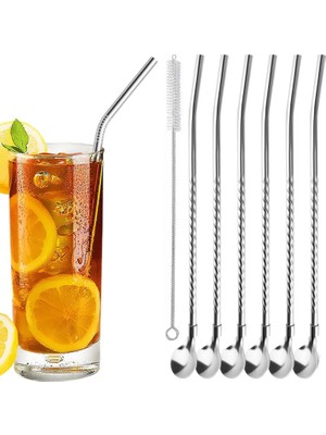 1001 7'li Paslanmaz Çelik Kaşıklı Metal Pipet Seti 6 Adet Pipet ve Pipet Temizleme Fırçası Cam Pip