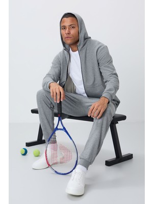 Tommy Life Gri Melanj Kompakt Pamuklu Kalın Pürüzsüz Dokulu Kapüşonlu Comfort Fit Erkek Eşofman Takım - 85262