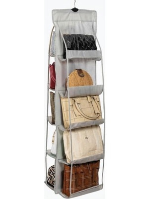 1001 10 Bölmeli Askılı Çanta Organizeri – 37X125 cm Gri Renk, Dolap Içi Asılabilir Çanta Düzen