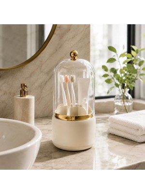 1001 7 Bölmeli Kapaklı Diş Fırçalık, Gold Detaylı Banyo Düzenleyici Organizer, Şeffaf Kapaklı D