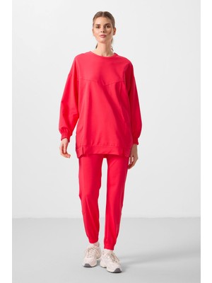 Viva Kırmızı O Yaka Basic Oversize Kadın Eşofman Tunik Takım - 95347
