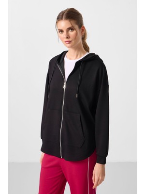 Tommy Life Siyah Yumuşak Dokulu Kapüşonlu Oversize Kadın Tunik Sweatshirt - 97302