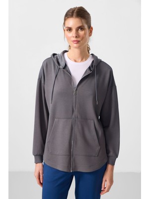 Tommy Life Koyu Gri Yumuşak Dokulu Kapüşonlu Oversize Kadın Tunik Sweatshirt - 97302