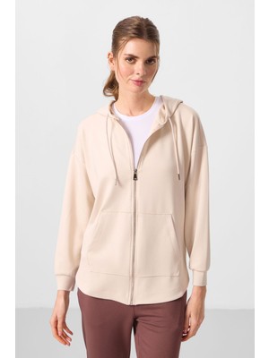 Tommy Life Bej Yumuşak Dokulu Kapüşonlu Oversize Kadın Tunik Sweatshirt - 97302