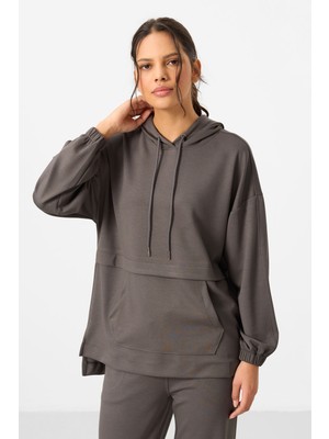 Koyu Gri Yumuşak Dokulu Kapüşonlu Oversize Kadın Eşofman Tunik Takım - 95348