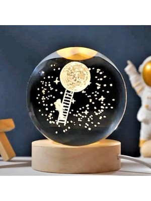 1001 Cam Küre LED Işıklı USB Kablolu Ahşap Stantlı Gece Lambası Dekoratif Hediyelik (Astronot)