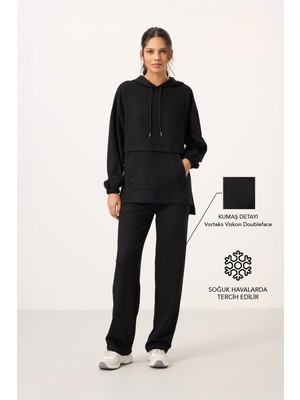 Siyah Yumuşak Dokulu Kapüşonlu Oversize Kadın Eşofman Tunik Takım - 95348