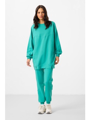 Deniz Yeşil O Yaka Basic Oversize Kadın Eşofman Tunik Takım - 95347