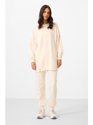 Ekru O Yaka Basic Oversize Kadın Eşofman Tunik Takım - 95347