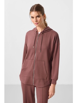 Tommy Life Kahverengi Yumuşak Dokulu Kapüşonlu Oversize Kadın Tunik Sweatshirt - 97302