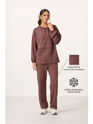 Kahverengi Yumuşak Dokulu Kapüşonlu Oversize Kadın Eşofman Tunik Takım - 95348
