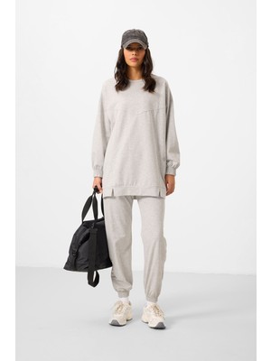 Gri Melanj O Yaka Basic Oversize Kadın Eşofman Tunik Takım - 95347
