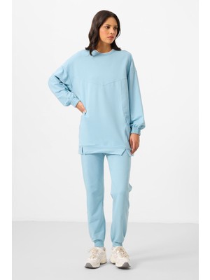 Açık Mavi O Yaka Basic Oversize Kadın Eşofman Tunik Takım - 95347