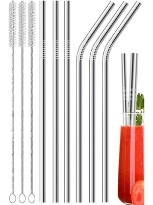 1001 6’lı Krom Paslanmaz Metal Pipet Seti – 3 Adet Pipet Temizleme Fırçası Hediyeli, Çevre Dostu