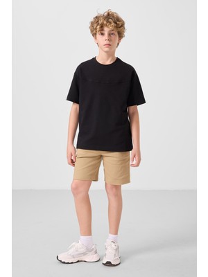 Siyah-Koyu Bej Pamuklu Oversize Fit Dokuma Hafif Esnek Chino Erkek Çocuk Şort Takım - 11279