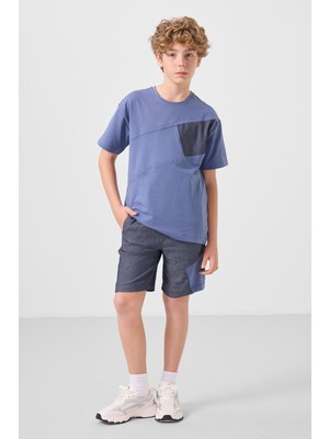 Koyu Mavi-Kot Lacivert Pamuklu Oversize Fit Dokuma Hafif Esnek Chino Erkek Çocuk Şort Takım - 11275